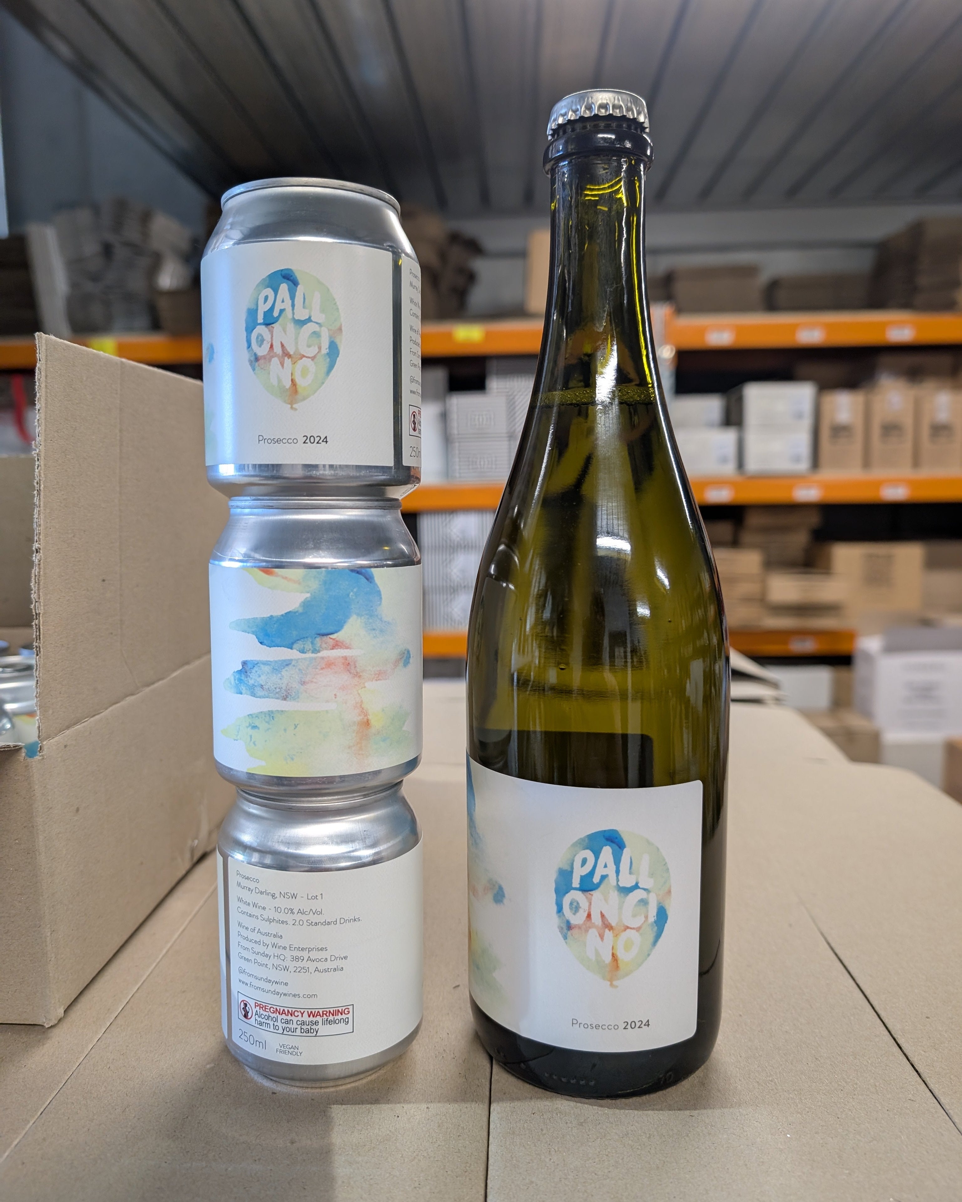 palloncino prosecco cans and bottle from sunday winemakers